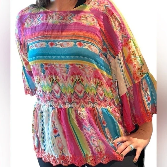 Johnny Was Porcelain Flare-Sleeve Ruffle Blouse NWT